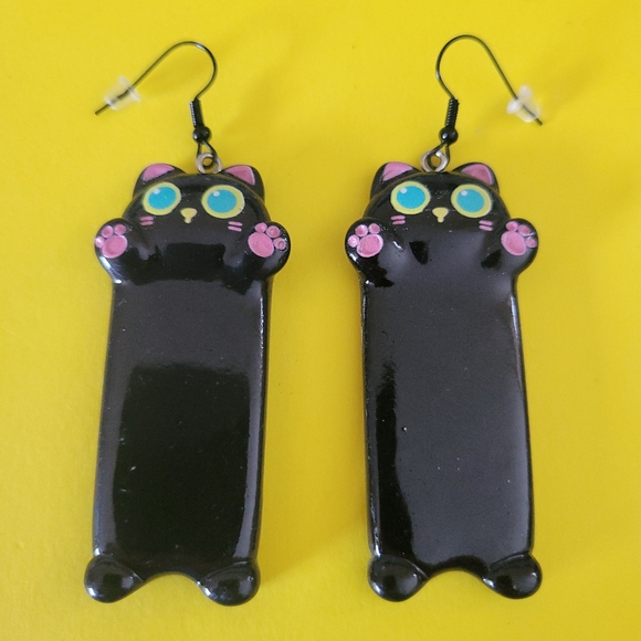 NWT Black Cat Earrings Blue Eyed Cats BIG Wild And Crazy Cat Lady Hypoallergenic - Picture 6 of 7